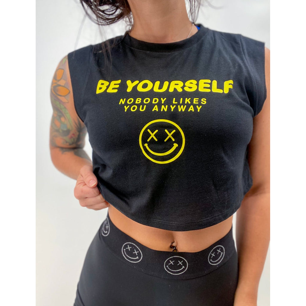 Salty Savage Ladies "BE YOURSELF" Cropped Muscle Tank | In Your Face | Black/Yellow - Salty Savage - Ladies Top