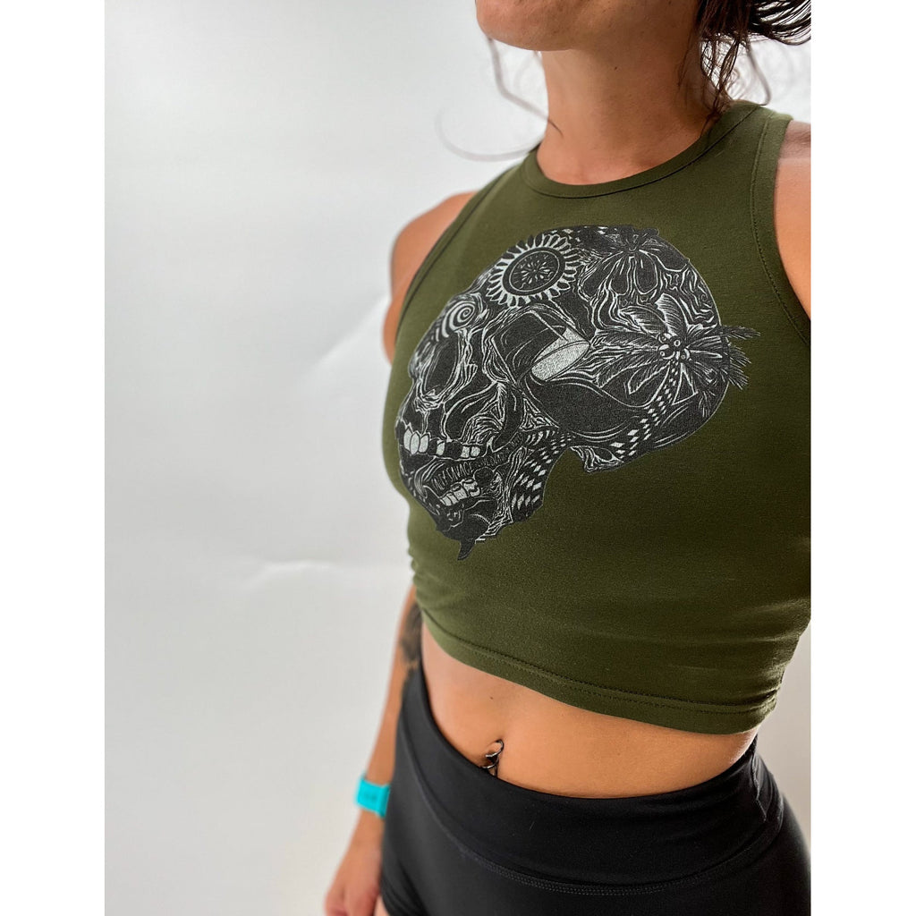 Salty Savage Ladies "Out of My Mind" Skull High Neck Cropped Tank | In Your Face | Olive - Salty Savage - Ladies Top