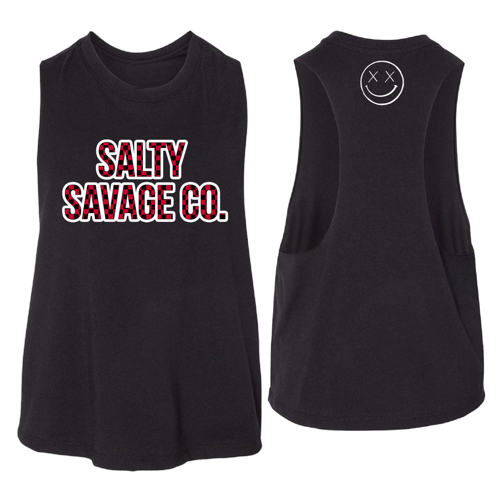 Salty Savage Ladies "Red Plaid Checkered Print Logo" Flowy Crop Tank | In Your Face | Black - Salty Savage - Ladies Top