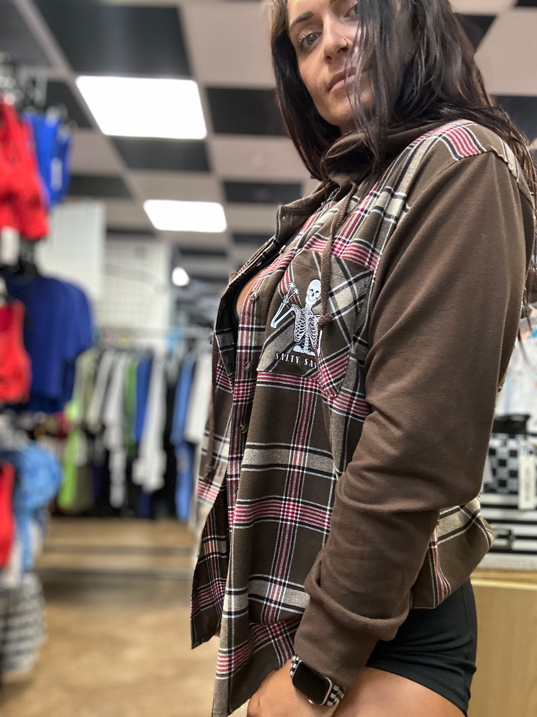 Salty Savage Ladies Peace Skeleton Plaid Lightweight Button Up Hoode