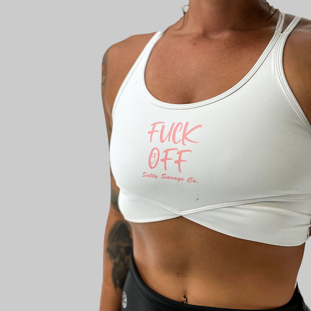 Salty Savage Ladies Fuck Off V Cut Sports Bra | White/Pink
