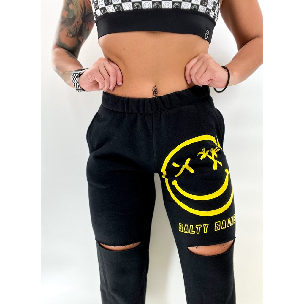 Salty Savage Ladies "Digital Spliced Smile" Ripped Knee Sweatpants/Joggers | Black/Yellow - Salty Savage - Ladies Bottoms