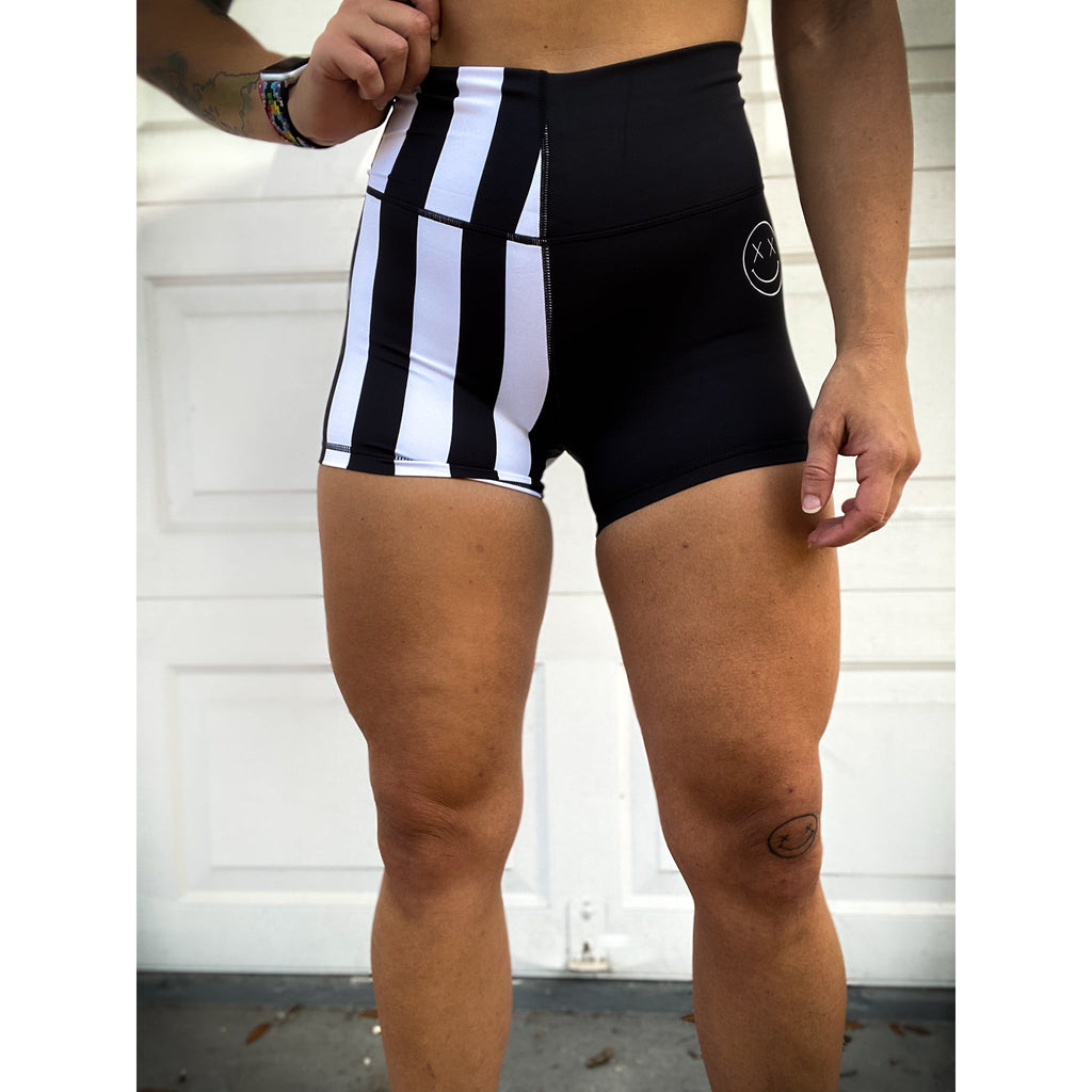 Salty Savage Ladies High Waist "Cruella Vibes" Spliced Training Shorts | Wet Suit Performance | Black/White Striped - Salty Savage - Ladies Shorts