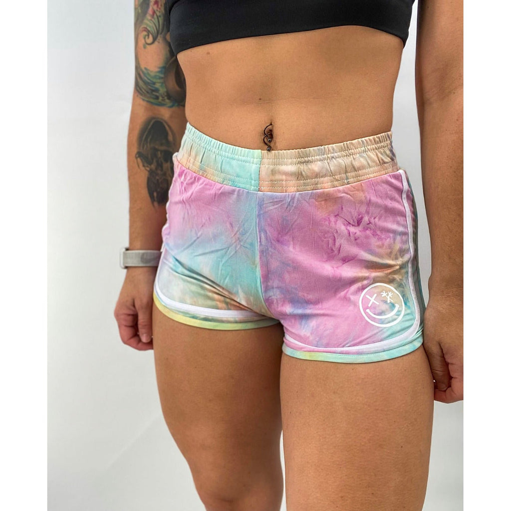 Salty Savage Ladies Spliced Smile Varsity Track Shorts | Tie Dye/White - Salty Savage - Ladies Bottoms