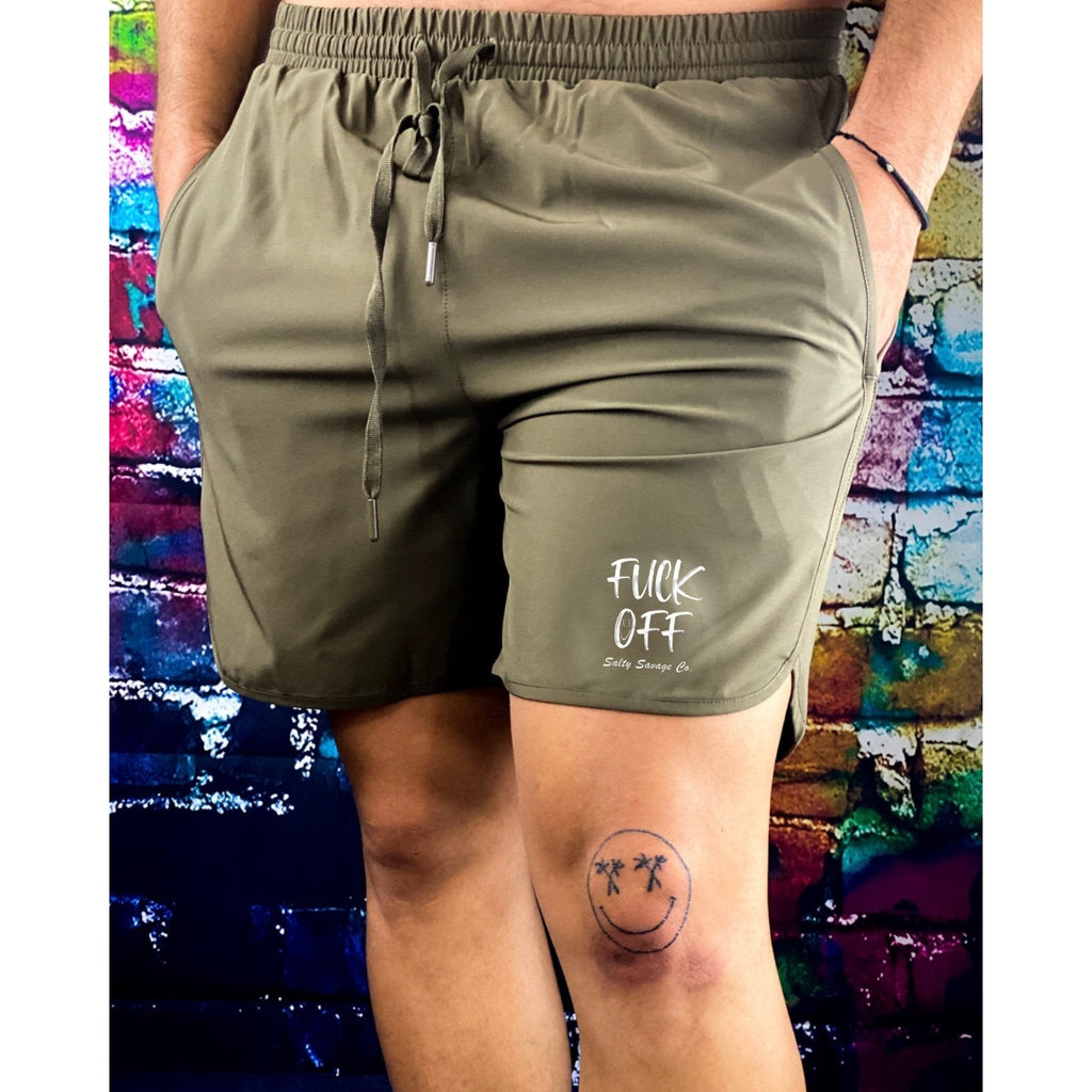 Salty Savage Men’s “FUCK OFF” Wave Cut All Day, Every Day, Hybrid Shorts | Olive - Salty Savage - Dudes Shorts