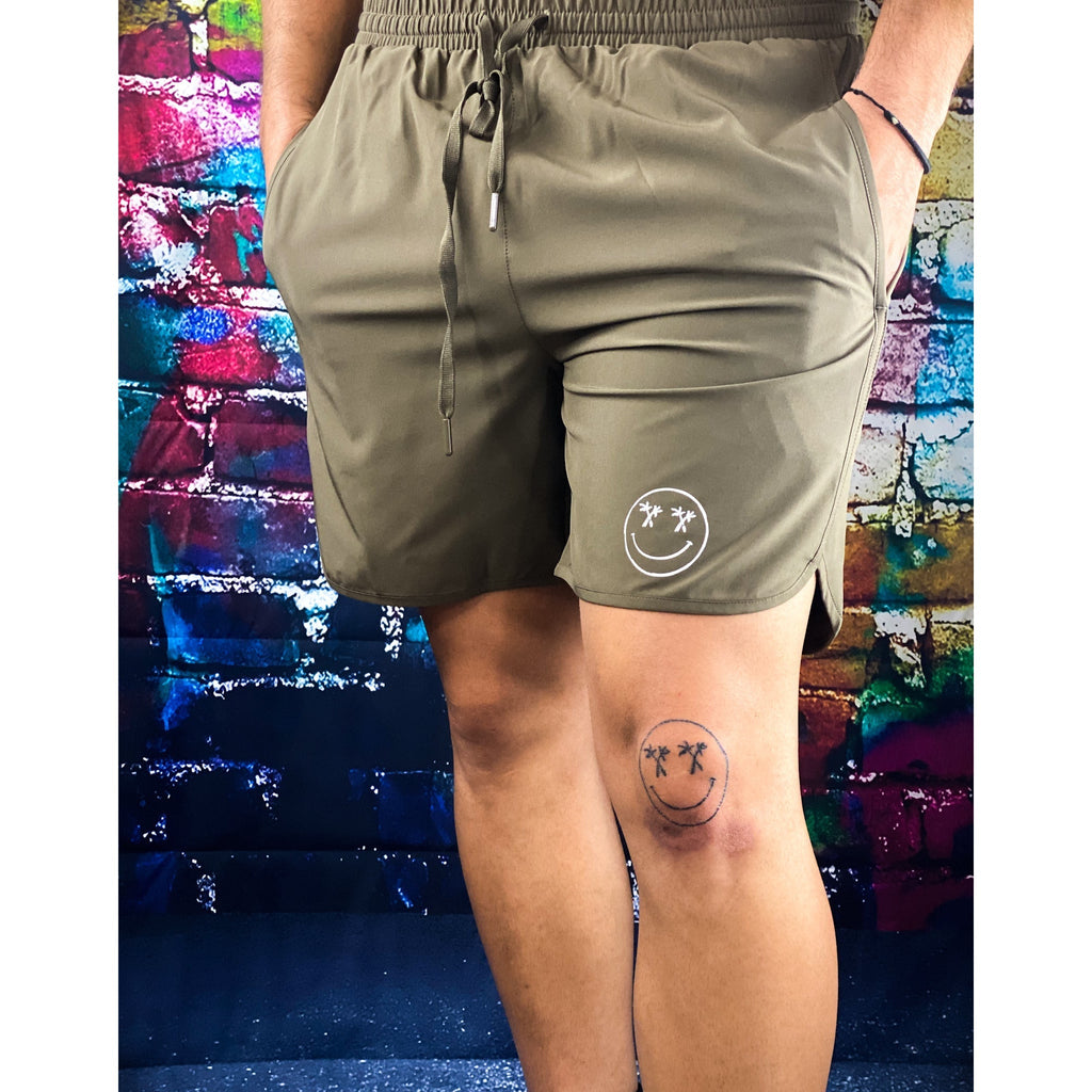 Salty Savage Men’s OG Palm Smile Wave Cut All Day, Every Day, Hybrid Shorts | Palm Tree Edition | Olive - Salty Savage - Dudes Shorts