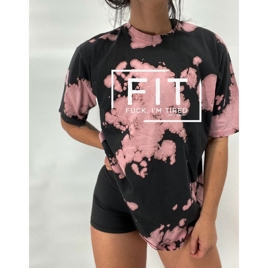 Salty Savage Unisex "FIT FUCK, I'M TIRED" Oversized Tall Crew Tee | In Your Face | Pink Black Tie Dye/White - Salty Savage - Tee