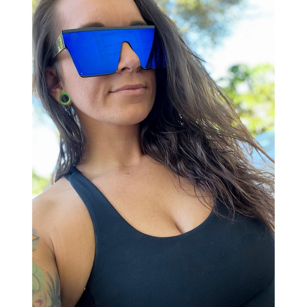 Salty Savage Unisex OG Smile Square Shield Sunglasses | Black/Blue Mirror - Salty Savage - Sunglasses