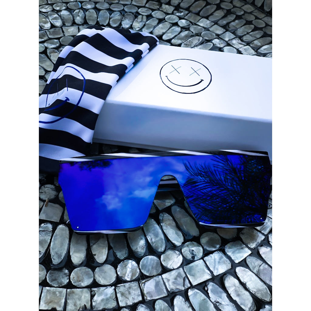 Salty Savage Unisex OG Smile Square Shield Sunglasses | Striped Frame | Blue Mirror - Salty Savage - Sunglasses