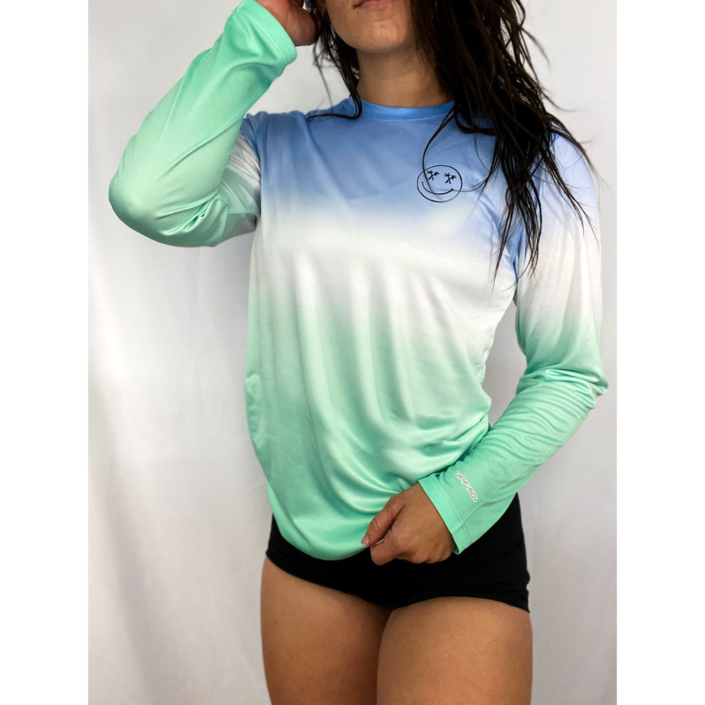 Salty Savage Unisex Palm Tree Smile | Business in the Front, Party in the Back Edition | Long Sleeve UPF 50+ Fishing Tee | Blue Mist/Mint Green - Salty Savage - Tee