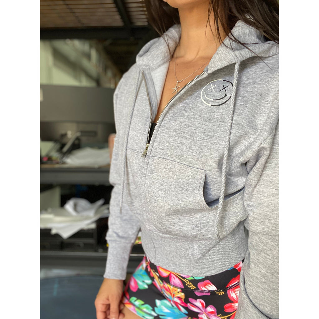 Salty Savage™ Ladies OG Spliced Smile Oversized Cropped Zip Up Hoodie | Heather Gray