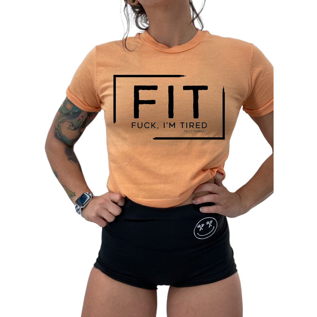 Salty Savage™ Ladies “FIT Fuck, I’m Tired” Retro Crop Tee | Cantaloupe
