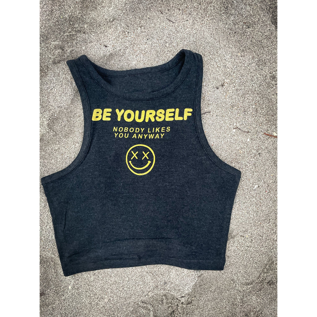 Salty Savage™ Ladies “BE YOURSELF, NOBODY LIKES YOU ANYWAY” High Neck Sleeveless Crop Tank | Charcoal Gray/Yellow
