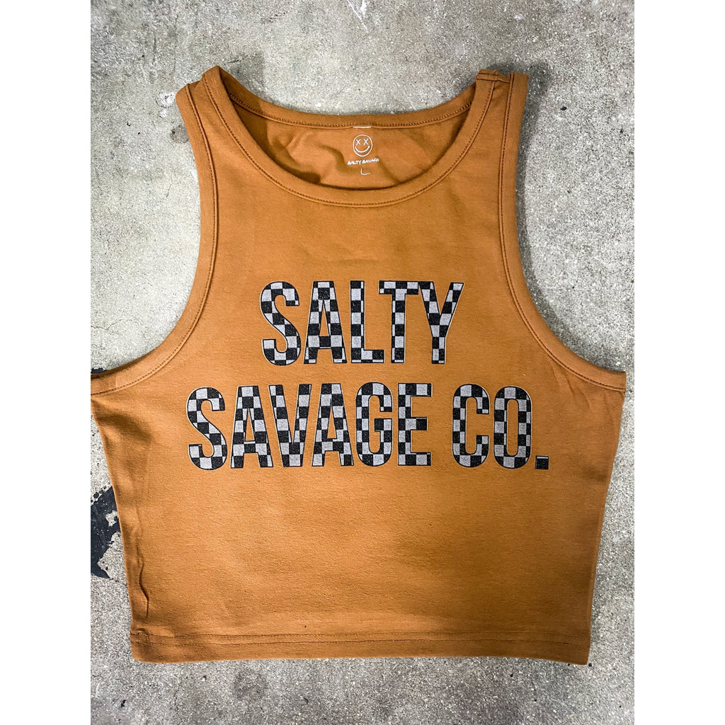 Salty Savage™ Ladies Checkered Print Logo High Neck Sleeveless Crop Tank | Caramel Brown
