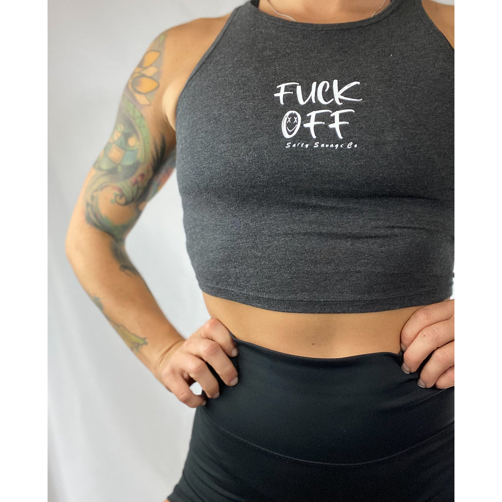 Salty Savage™ Ladies Micro “Fuck Off” High Neck Sleeveless Crop Tank | Charcoal Gray