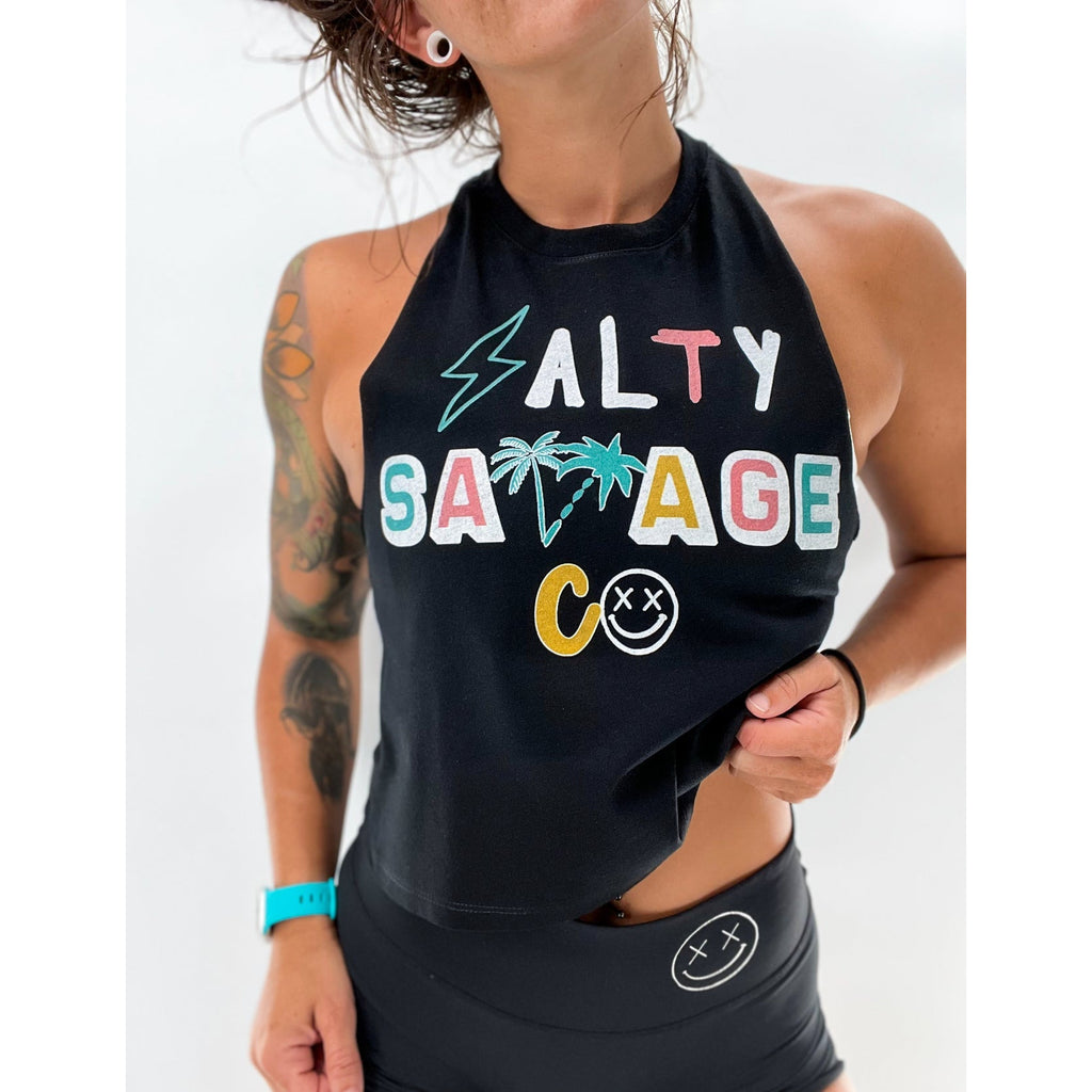 Salty Savage Ladies 90’s Beach Edition Flowy Racerback Crop Tank | In Your Face | Black/Multi - Salty Savage - Ladies Top