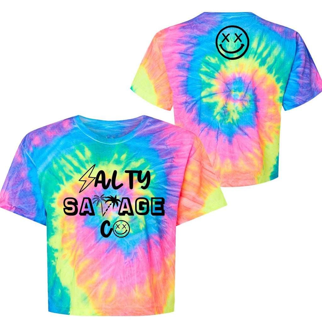 Salty Savage Ladies 90’s Edition Logo Spiral Tie Dye Crop Tee | In Your Face | Neon Tie Dye/Black - Salty Savage - Ladies Top