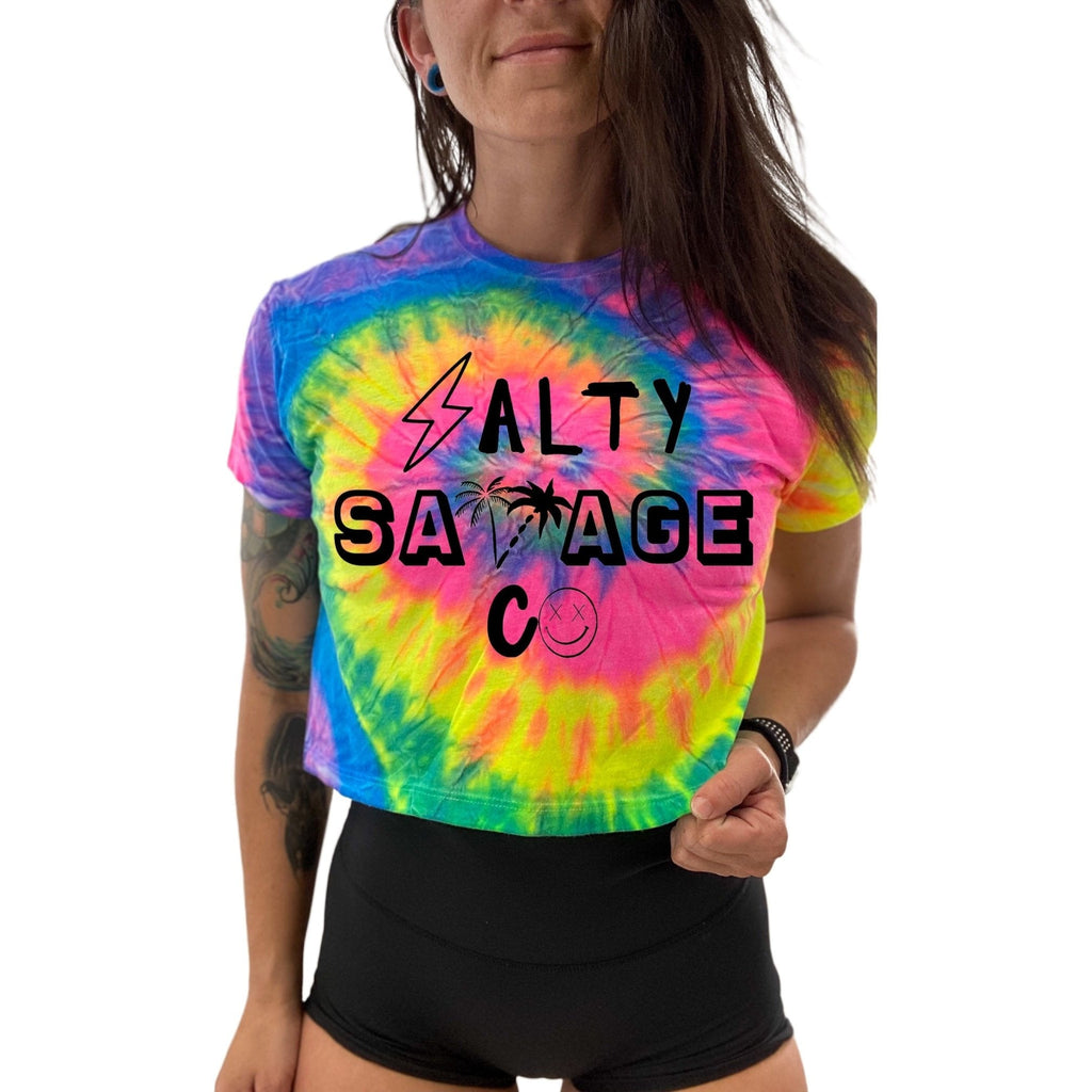 Salty Savage Ladies 90’s Edition Logo Spiral Tie Dye Crop Tee | In Your Face | Neon Tie Dye/Black - Salty Savage - Ladies Top
