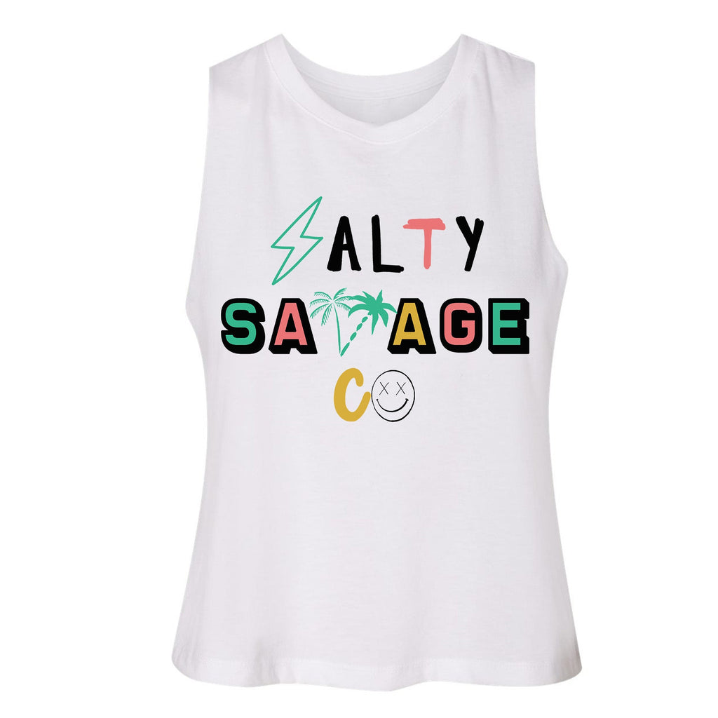 Salty Savage Ladies 90's Summer Edition Flowy Racerback Crop Tank | In Your Face | White/ Multi - Salty Savage - Ladies Top