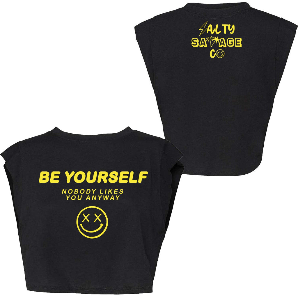 Salty Savage Ladies "BE YOURSELF" Cropped Muscle Tank | In Your Face | Black/Yellow - Salty Savage - Ladies Top