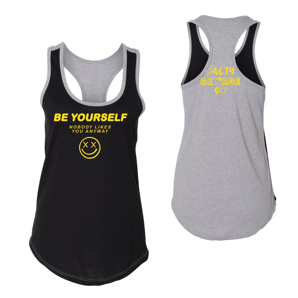 Salty Savage Ladies “BE YOURSELF” Two Tone Racerback Tank | In Your Face | Black/Gray/Yellow - Salty Savage - Ladies Top
