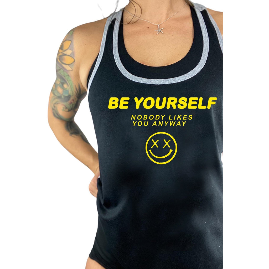 Salty Savage Ladies “BE YOURSELF” Two Tone Racerback Tank | In Your Face | Black/Gray/Yellow - Salty Savage - Ladies Top