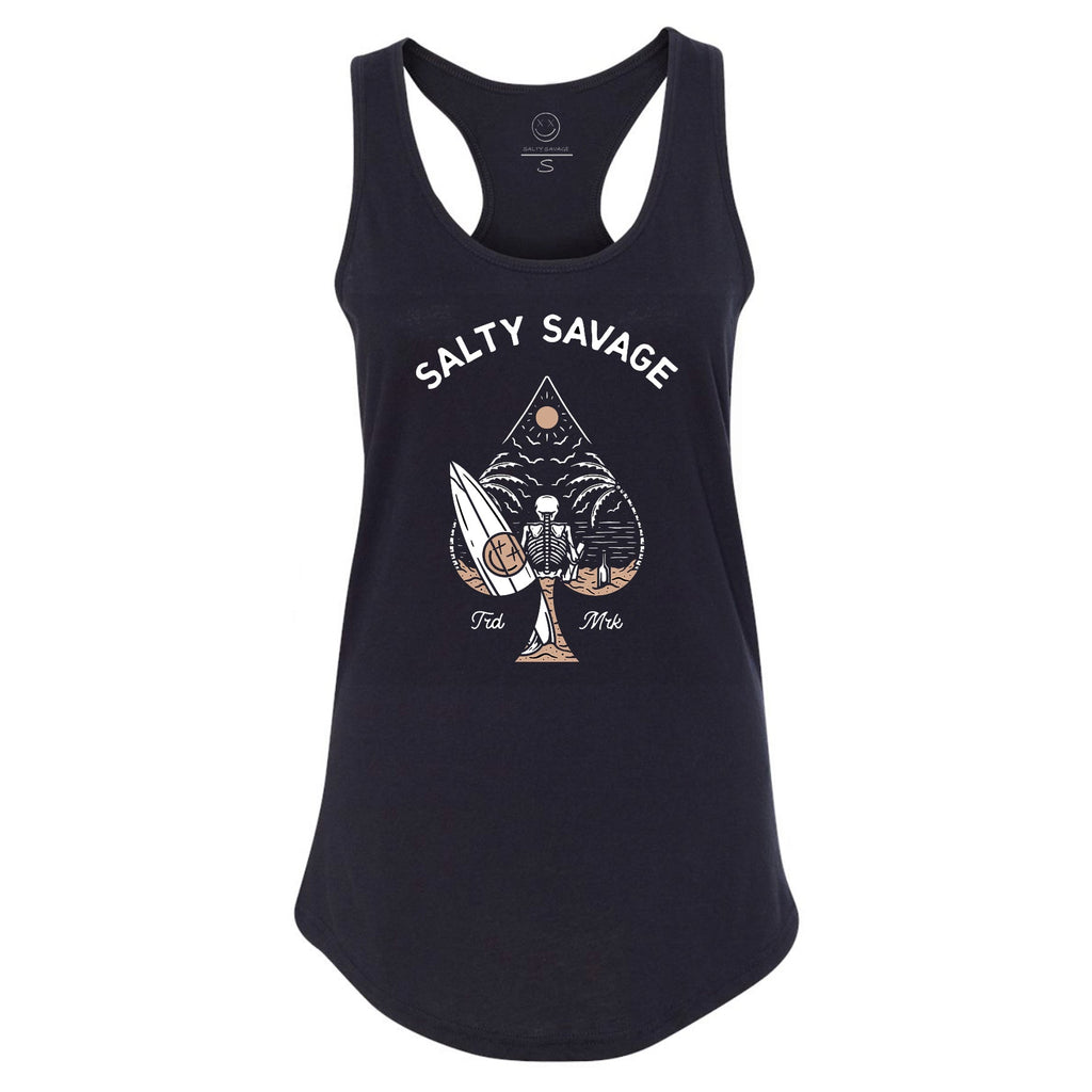 Salty Savage Ladies “Beach Spade Skeleton” Racerback Tank Top | In Your Face | Black - Salty Savage - Ladies Top