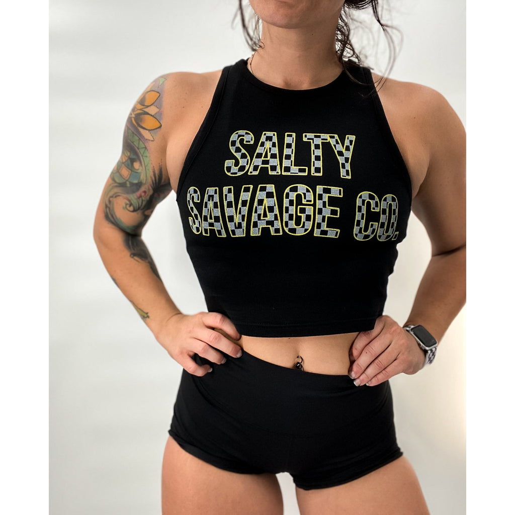 Salty Savage Ladies Checkered Print Logo High Neck Sleeveless Crop Tank | Black/Gray/Yellow - Salty Savage - Ladies Top