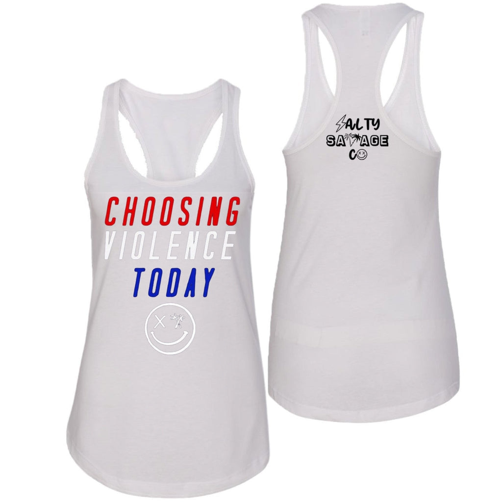 Salty Savage Ladies "CHOOSING VIOLENCE" Racerback Tank | USA Edition | White/Red/Blue - Salty Savage - Ladies Top