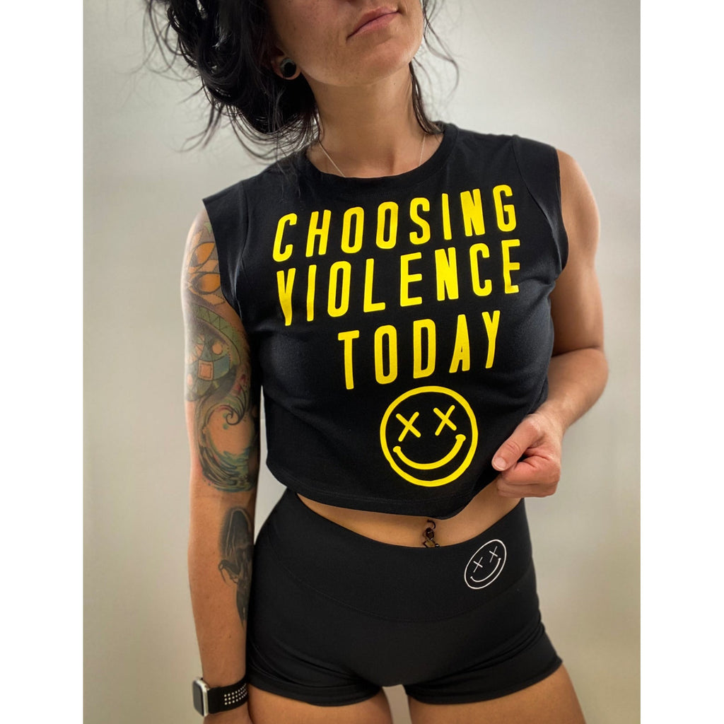 Salty Savage Ladies "CHOOSING VIOLENCE TODAY" Cropped Muscle Tank | In Your Face | Black/Yellow - Salty Savage - Ladies Top