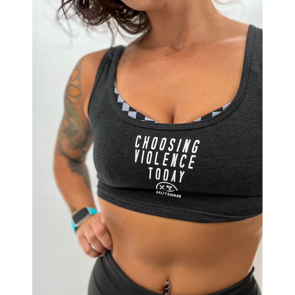 Salty Savage Ladies choosing violence today scoop neck open back tight fit snug lightweight cropped tank black workout
