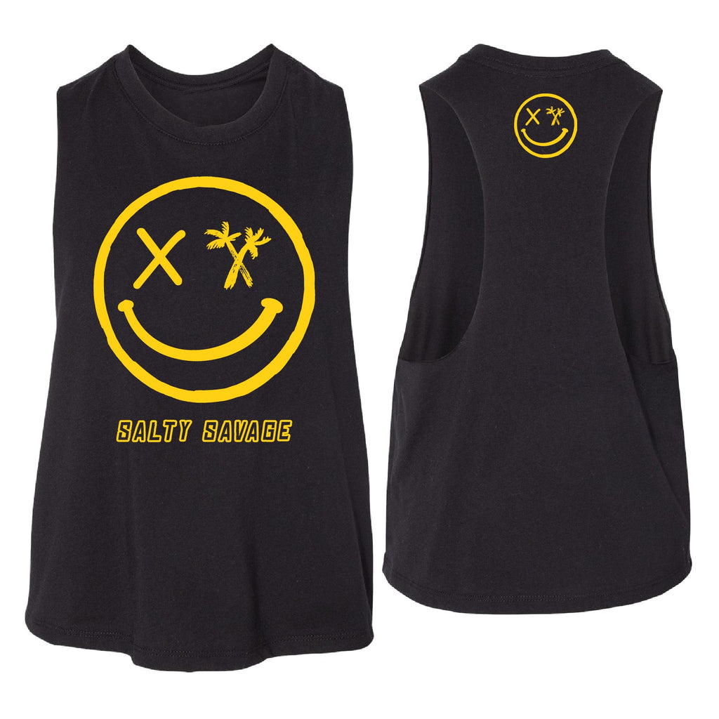 Salty Savage - Ladies Top Relaxed Fit Lightweight Flowy Workout Muscle Cropped Tank loose fit black yellow smile dead