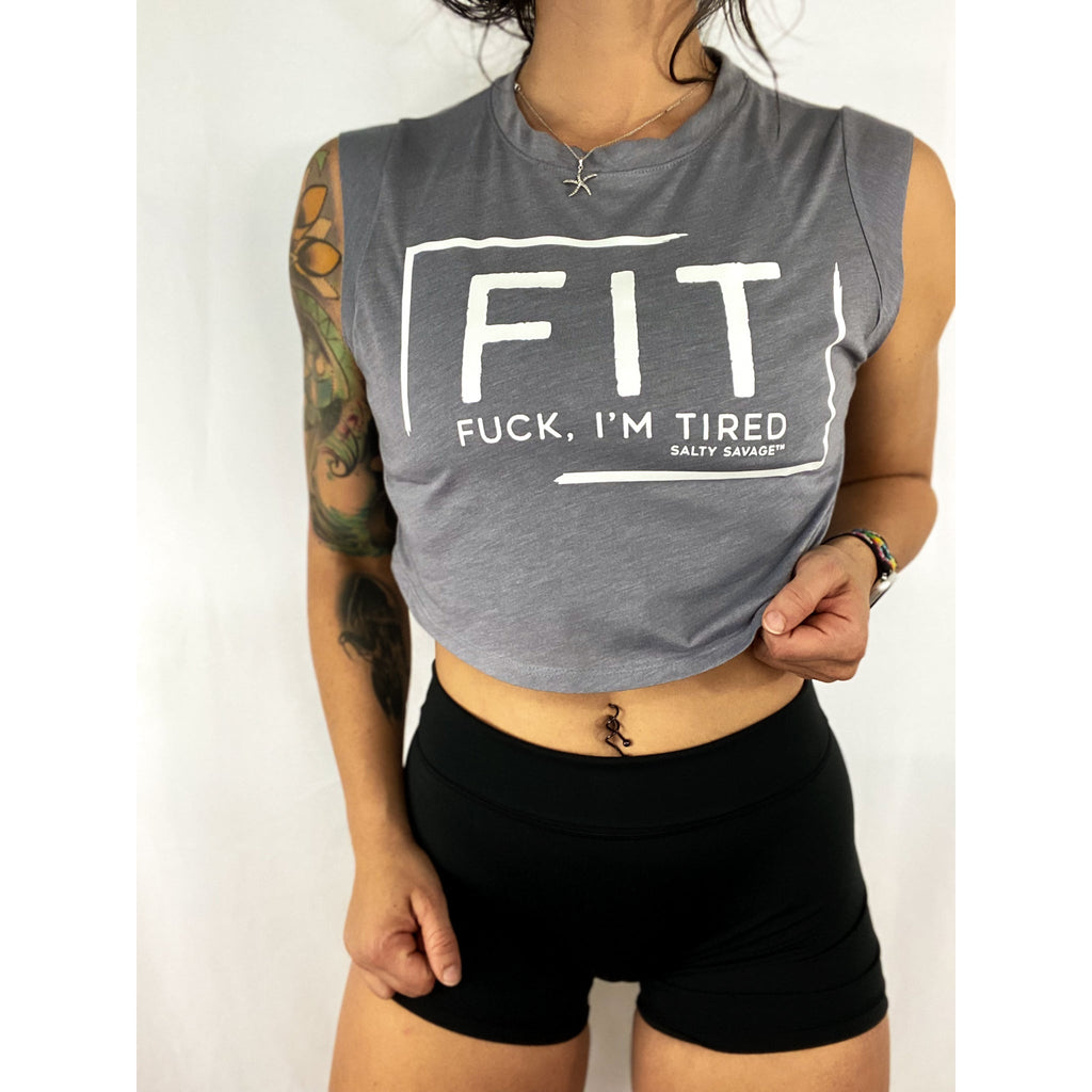 Salty Savage Ladies "FIT" Cropped Muscle Tank | In Your Face | Storm Gray/White - Salty Savage - Ladies Top