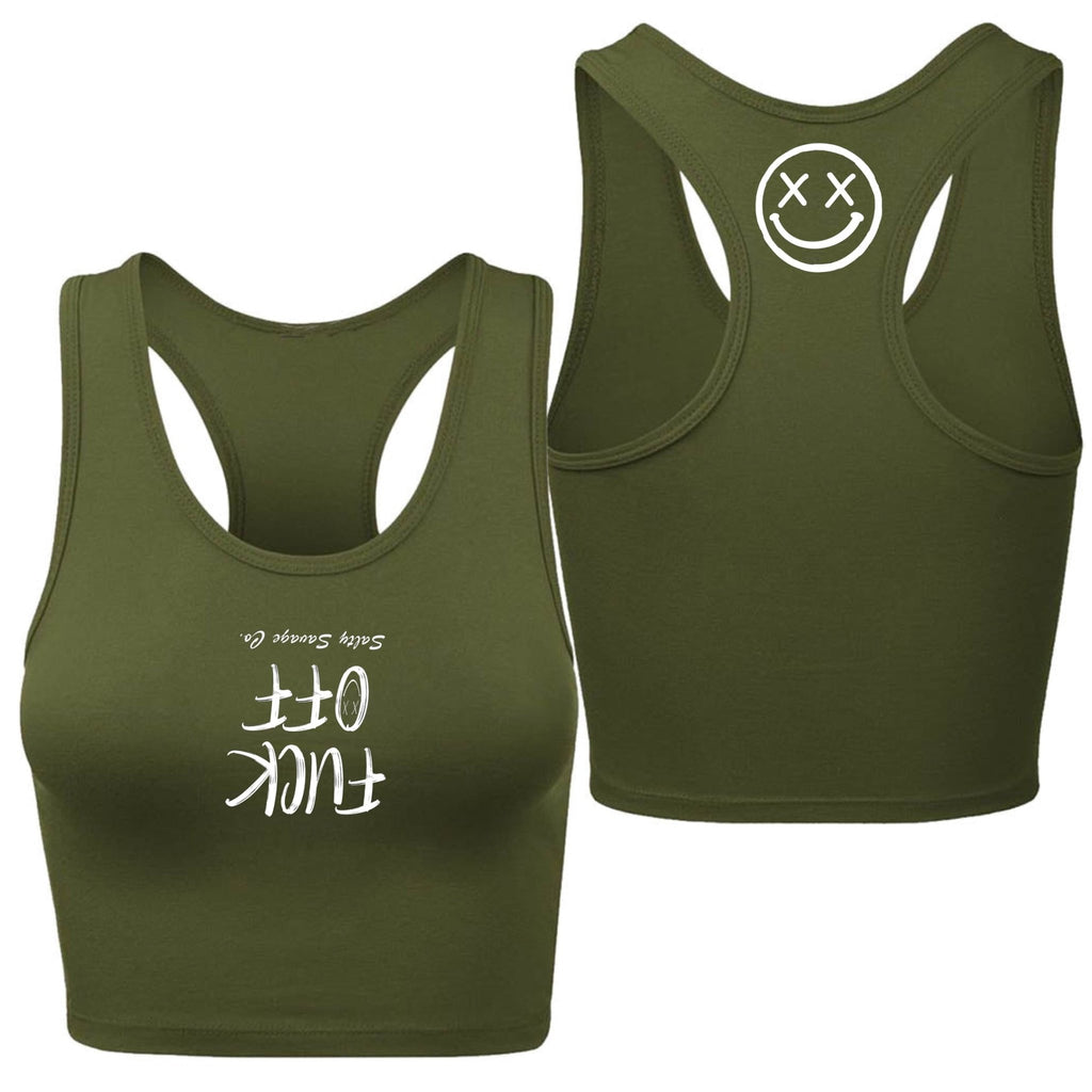 Salty Savage Ladies "Fuck Off" Cropped Racerback Tank | Micro WIPE OUT Edition | Olive/White - Salty Savage - Ladies Top