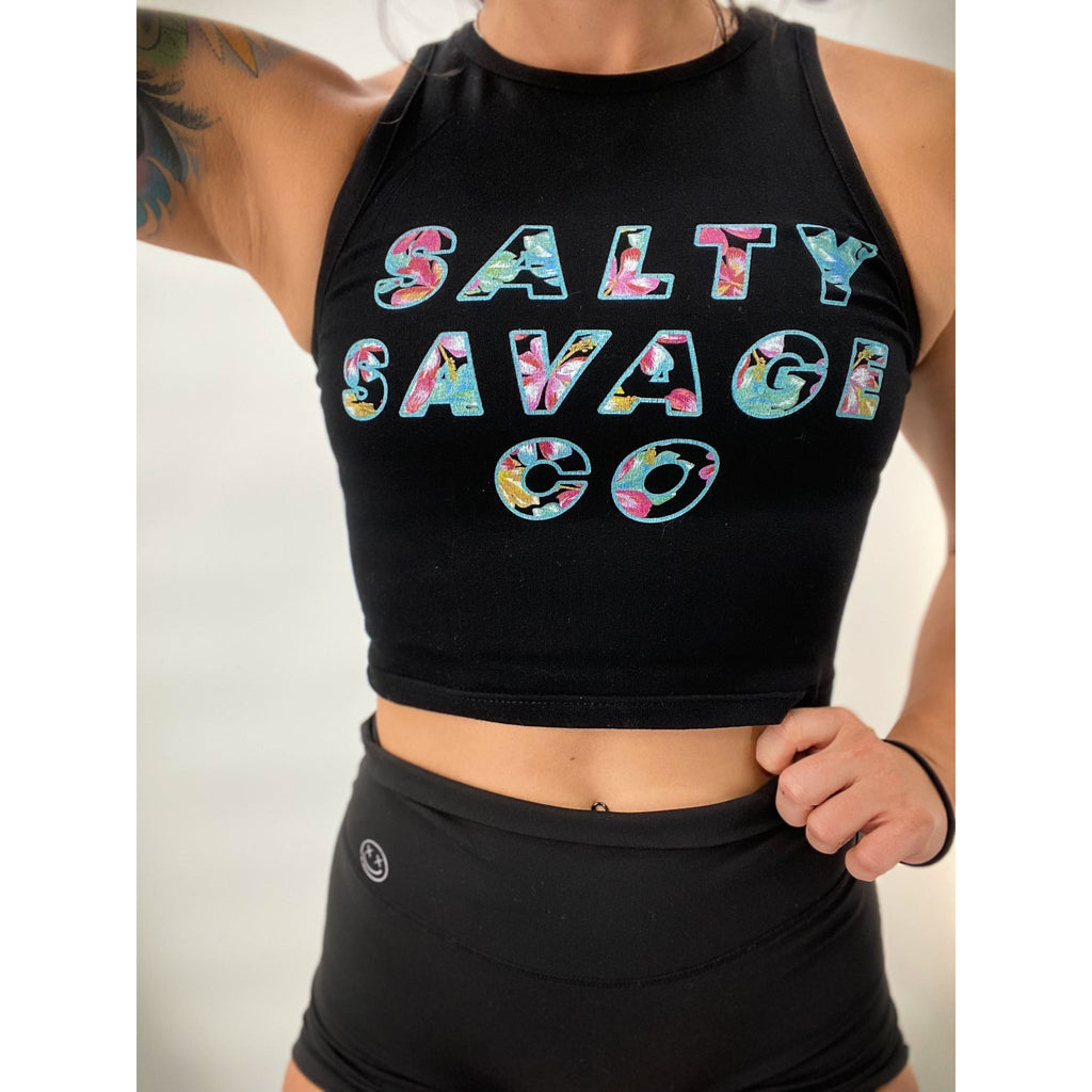 Salty Savage Ladies Hawaiian Flower Edition High Neck Sleeveless Crop Tank | Black - Salty Savage - Ladies Top