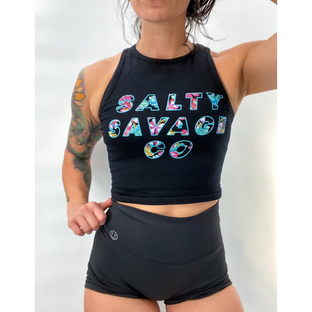 Salty Savage Ladies Hawaiian Flower Edition High Neck Sleeveless Crop Tank | Black - Salty Savage - Ladies Top