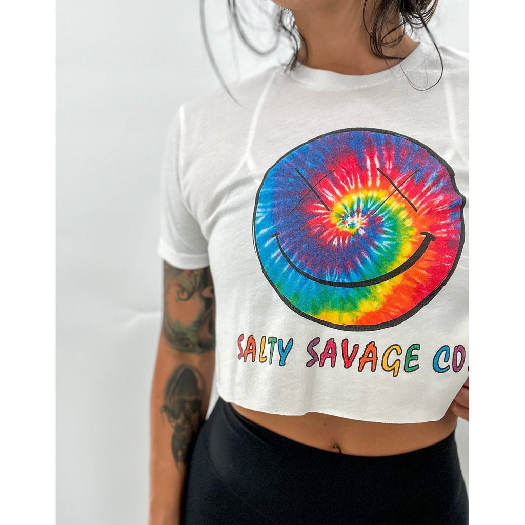 Salty Savage Ladies OG Smile Spiral Tie Dye Crop Tee | In Your Face | White/Tie Dye - Salty Savage - Ladies Top