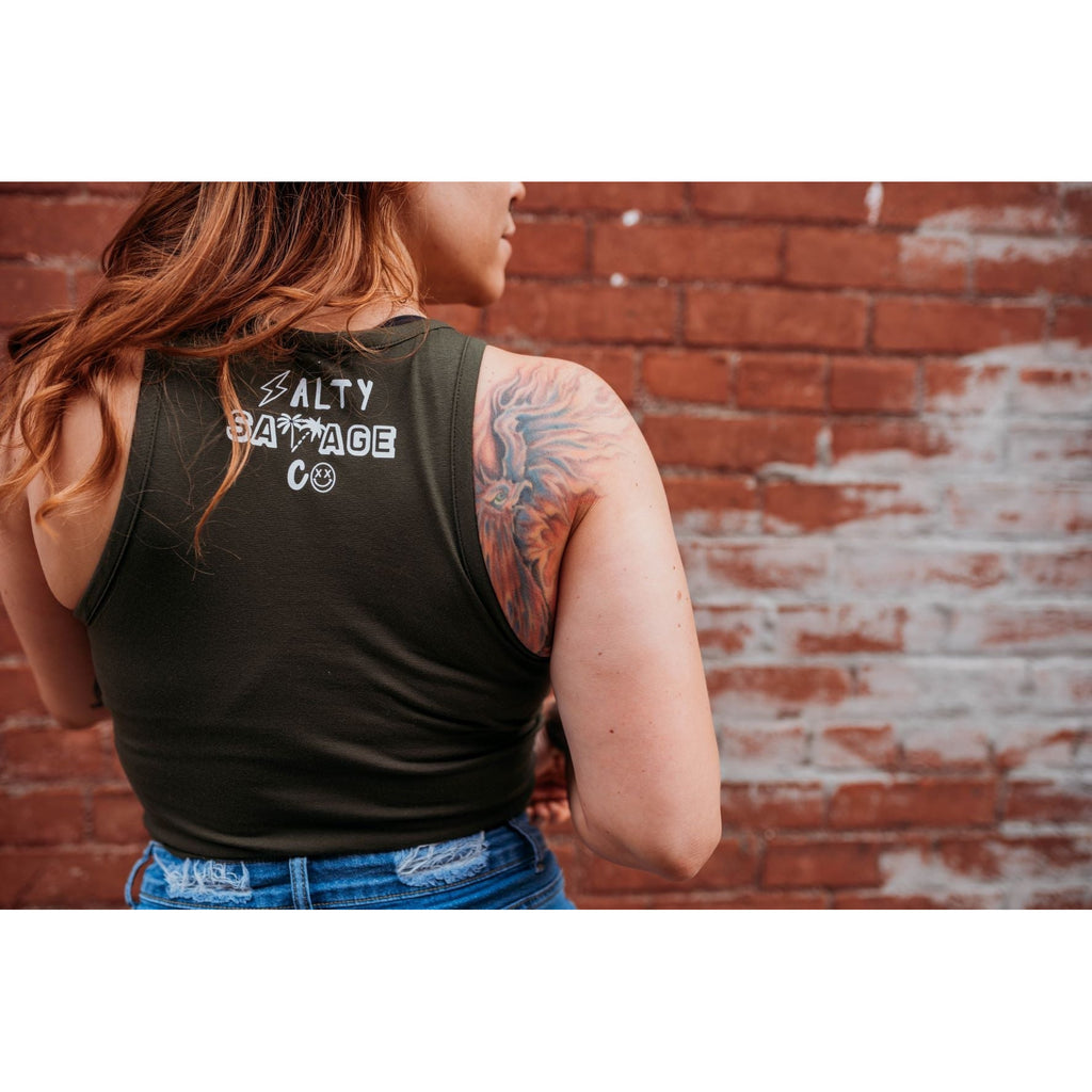 Salty Savage Ladies "Out of My Mind" Skull High Neck Cropped Tank | In Your Face | Olive - Salty Savage - Ladies Top