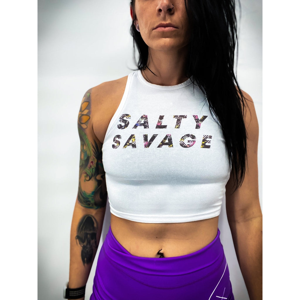 Salty Savage Ladies Paint Splattered Checkerboard High Neck Sleeveless Crop Tank | In Your Face | White - Salty Savage - Ladies Top