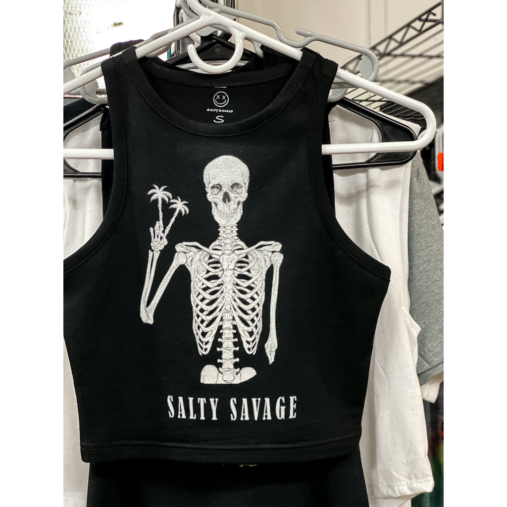 Salty Savage Ladies "Peace Palm Tree Skeleton" High Neck Sleeveless Crop Tank | In Your Face | Black - Salty Savage - Ladies Top