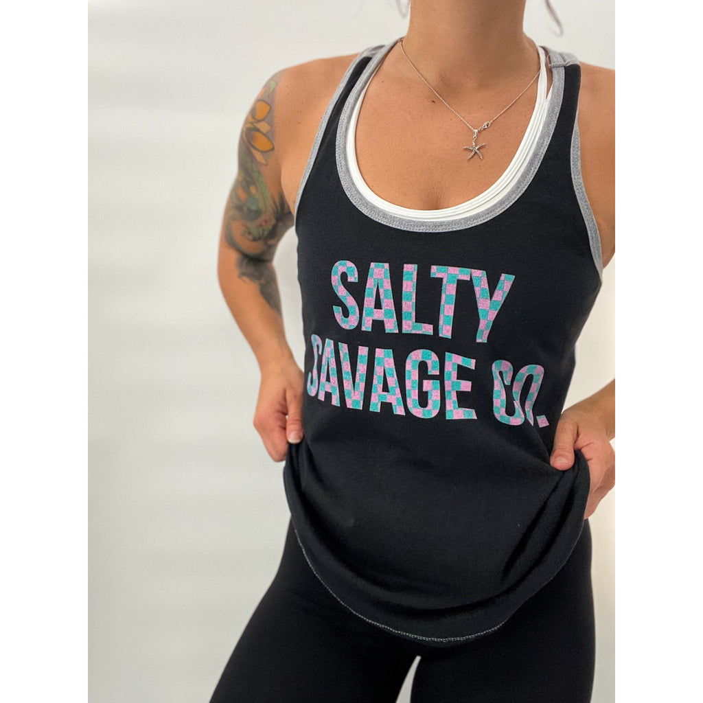 Salty Savage™ Ladies Pink Island Teal Checkerboard Logo Spliced Racerback Tank | Black/Gray - Salty Savage - Ladies Top