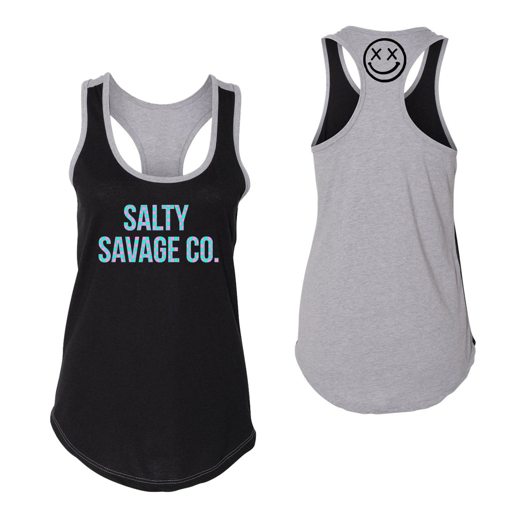 Salty Savage Ladies Pink Island Teal Checkerboard Logo Spliced Racerback Tank | Black/Gray - Salty Savage - Ladies Top