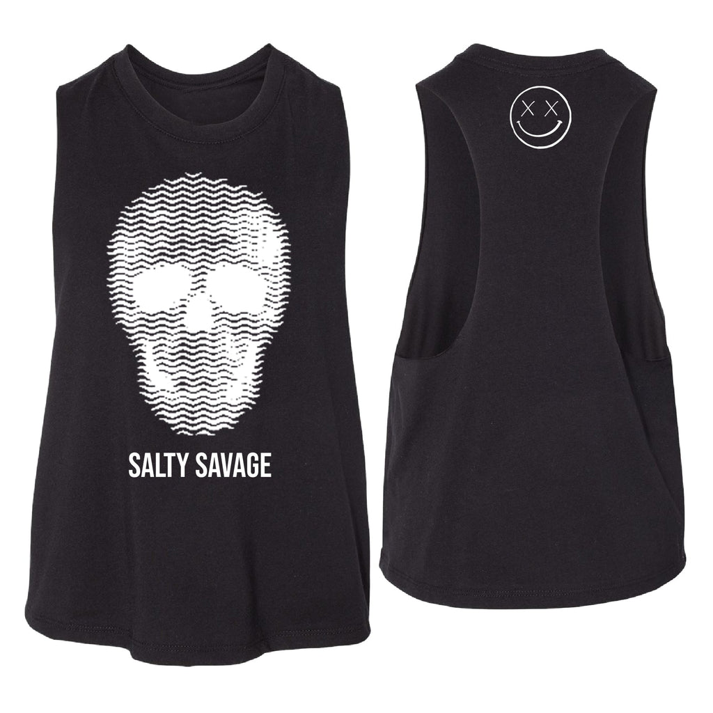 Salty Savage Ladies "Print Skull" Flowy Crop Racerback Tank | In Your Face | Black - Salty Savage - Ladies Top