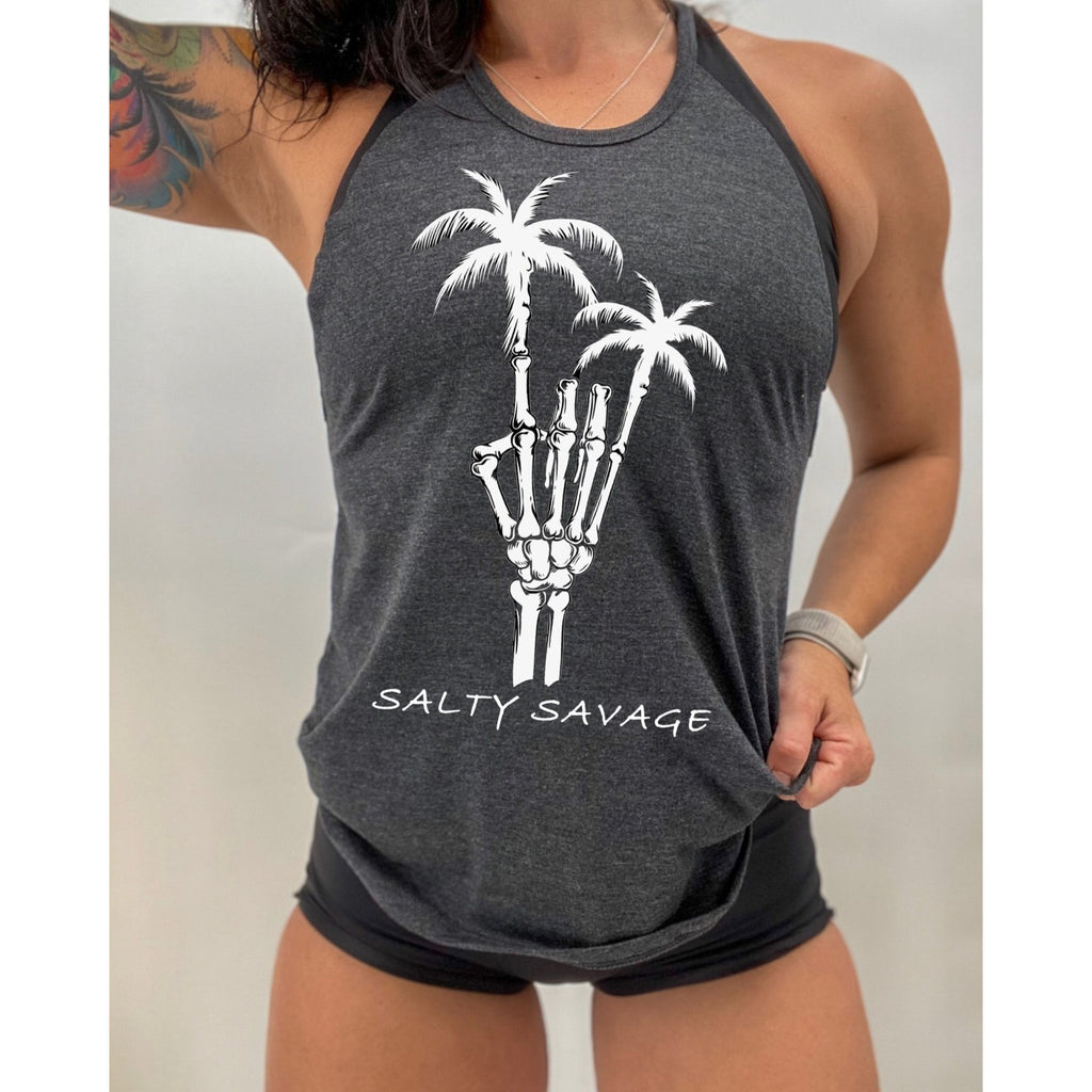 Salty Savage Ladies Raw Cut High Neck Muscle Tank | In Your Face | Heather Charcoal - Salty Savage - Ladies Top