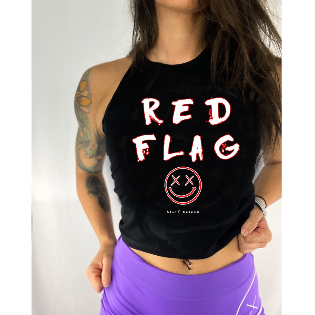 Salty Savage Ladies "RED FLAG" Flowy Racerback Crop Tank | In Your Face | Black - Salty Savage - Ladies Top