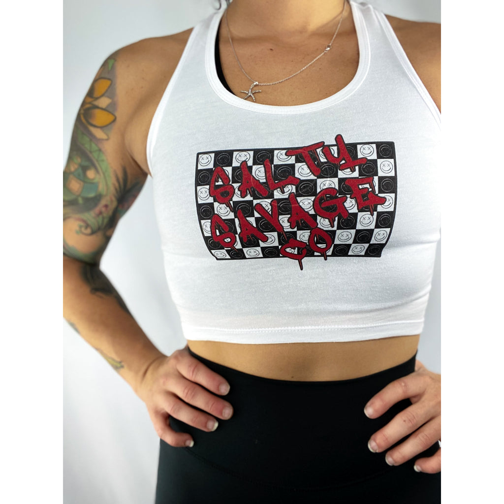 Salty Savage Ladies Red Graffiti Checkered Print Crop Racerback Tank Top | In Your Face | White - Salty Savage - Ladies Top