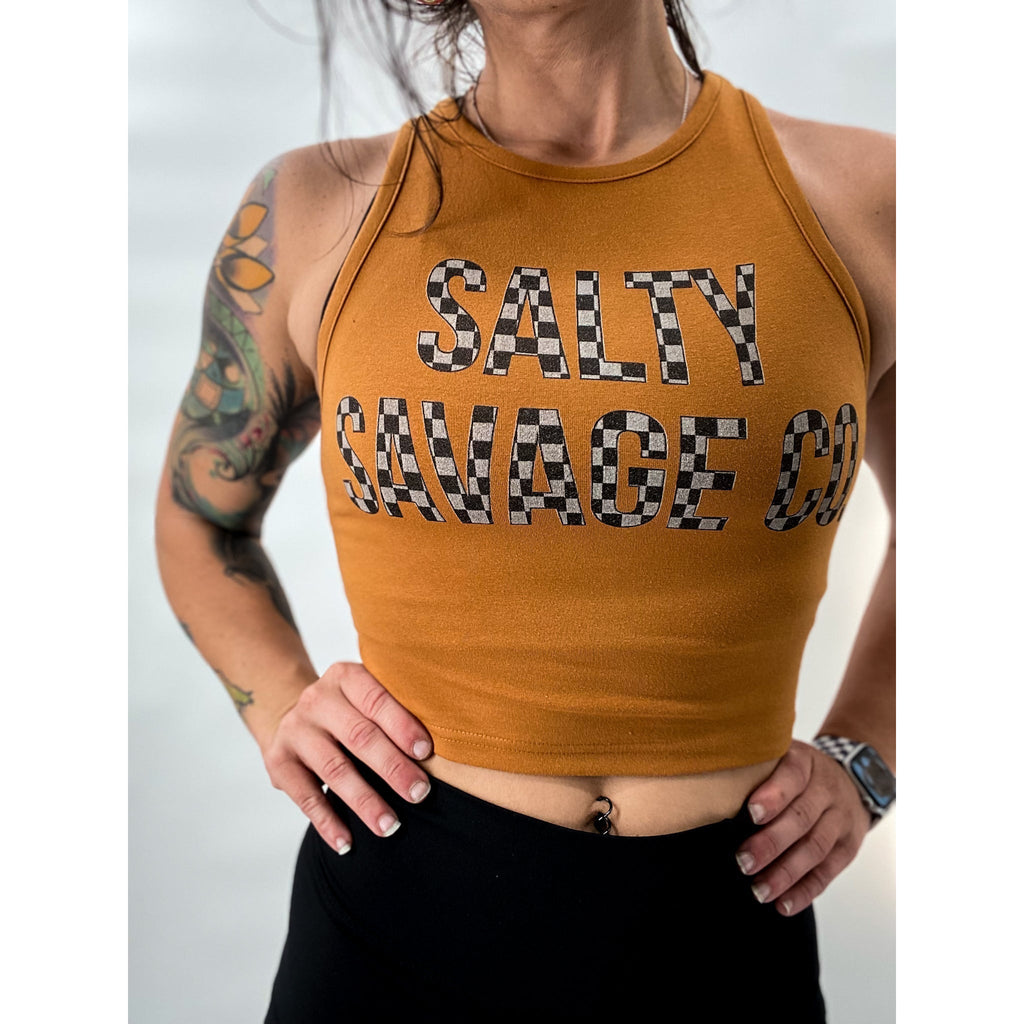 Salty Savage Ladies Retro Checkered Print Logo High Neck Sleeveless Crop Tank | In Your Face | Mocha - Salty Savage - Ladies Top