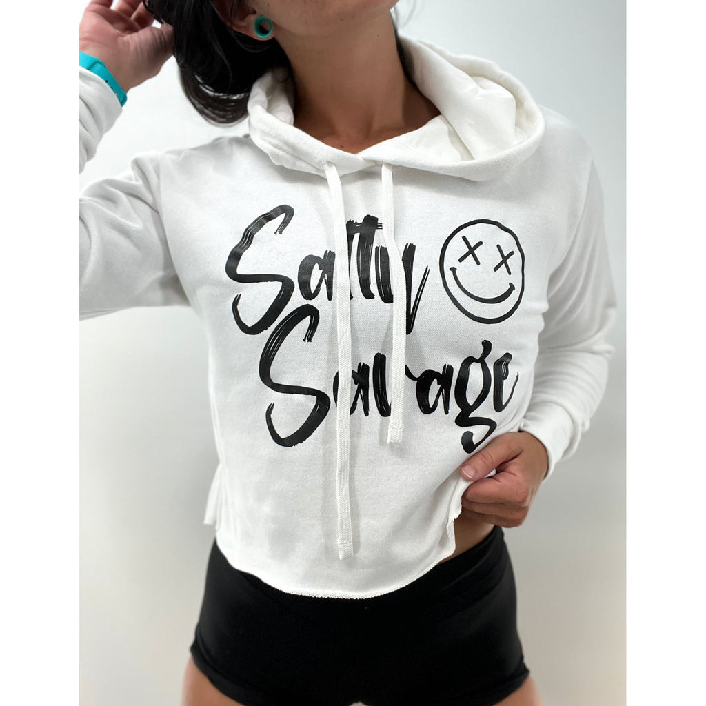 Salty Savage Ladies Signature Cropped Hoodie | White/Black - Salty Savage - Ladies Outerwear