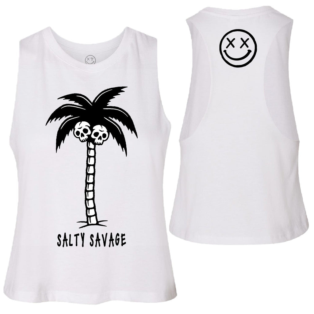 Salty Savage Ladies "Skull Palm" Flowy Crop Tank | In Your Face | White - Salty Savage - Ladies Top