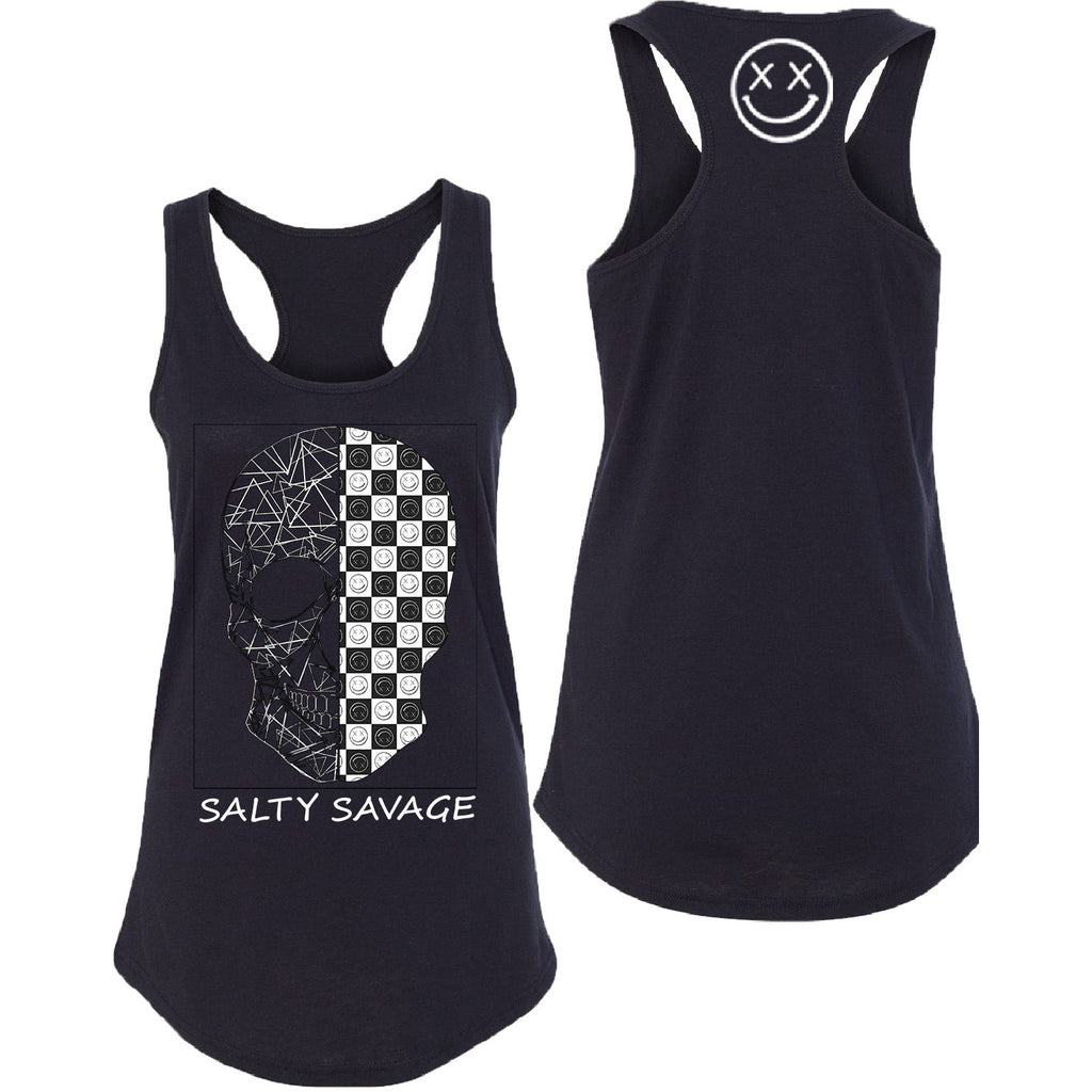 Salty Savage Ladies Spliced Geo Skull Checkerboard Racerback Tank Top | Black - Salty Savage - Ladies Top
